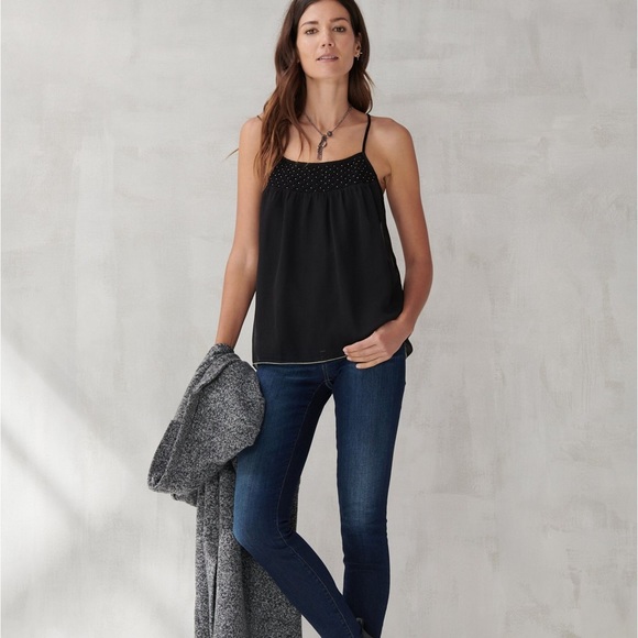 Lucky Brand smocked cami NWT black beaded tank top velvet straps Size Small - Picture 3 of 10